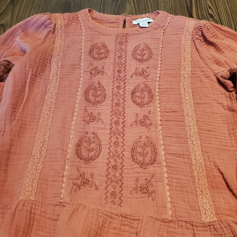Calligraphie Dusty Rose Top Long Sleeve Peplum Cotton Embroidered Mesh Casual M